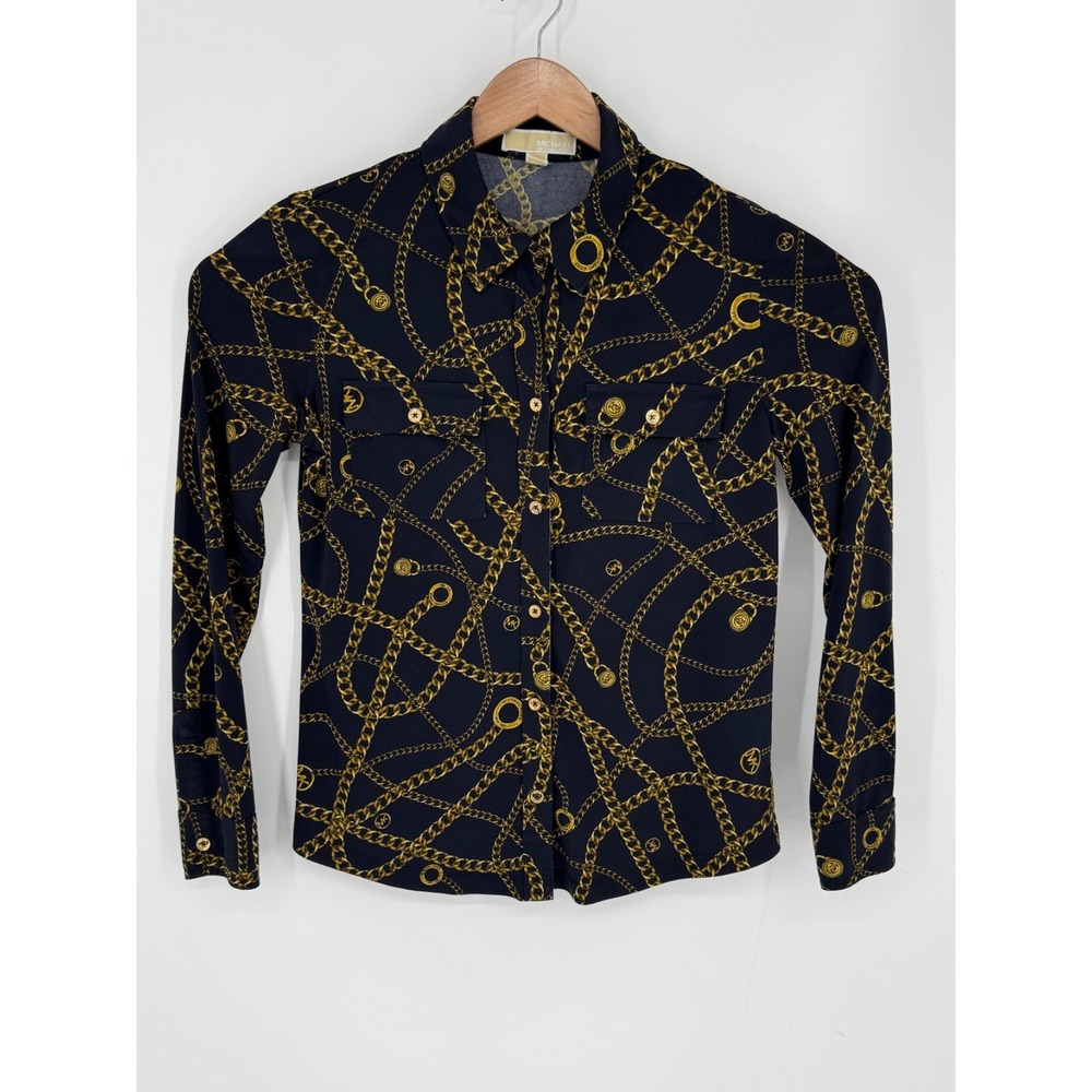 Michael Michael Kors Women's Blouse Chain Print MK Logo Size Medium Black B6